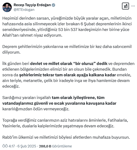 Cumhurbaşkanı Erdoğan'dan 6 Şubat mesajı