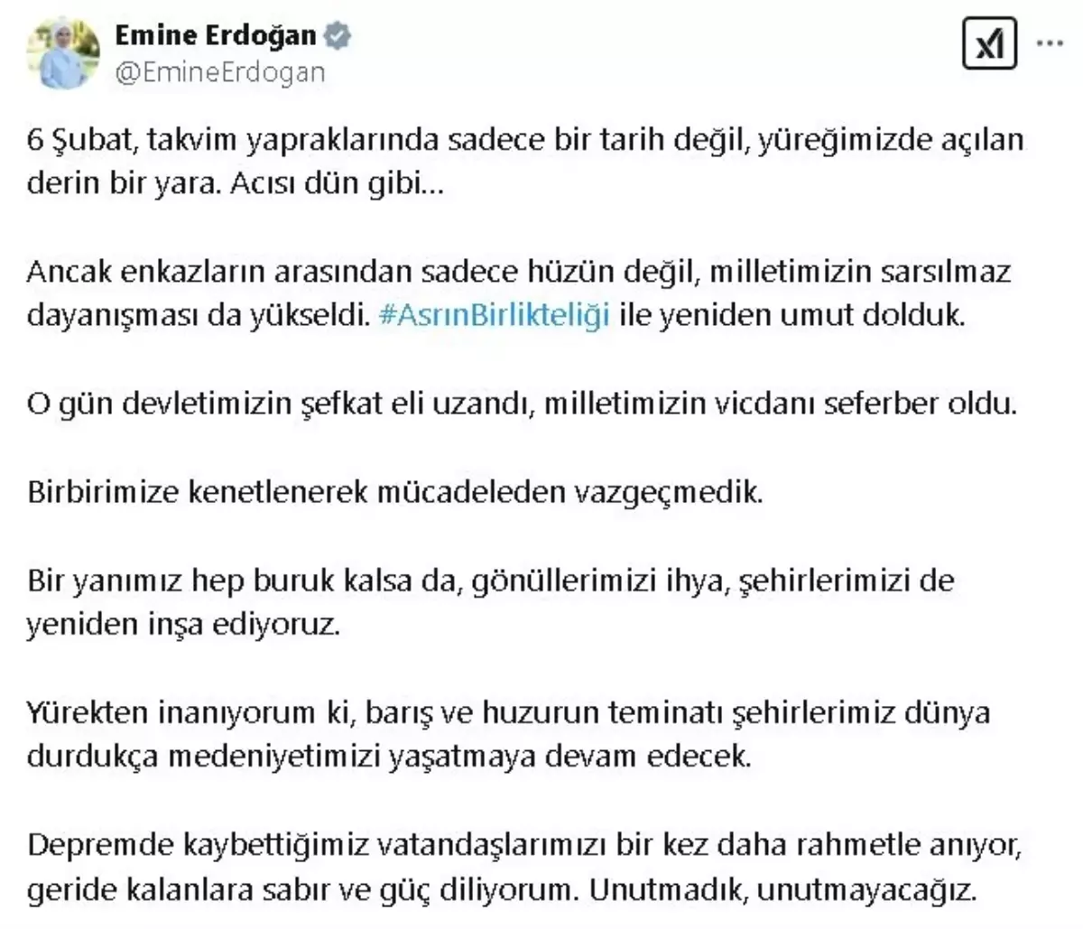 Emine Erdoğan, 6 Şubat depremlerinde hayatını kaybedenleri andı