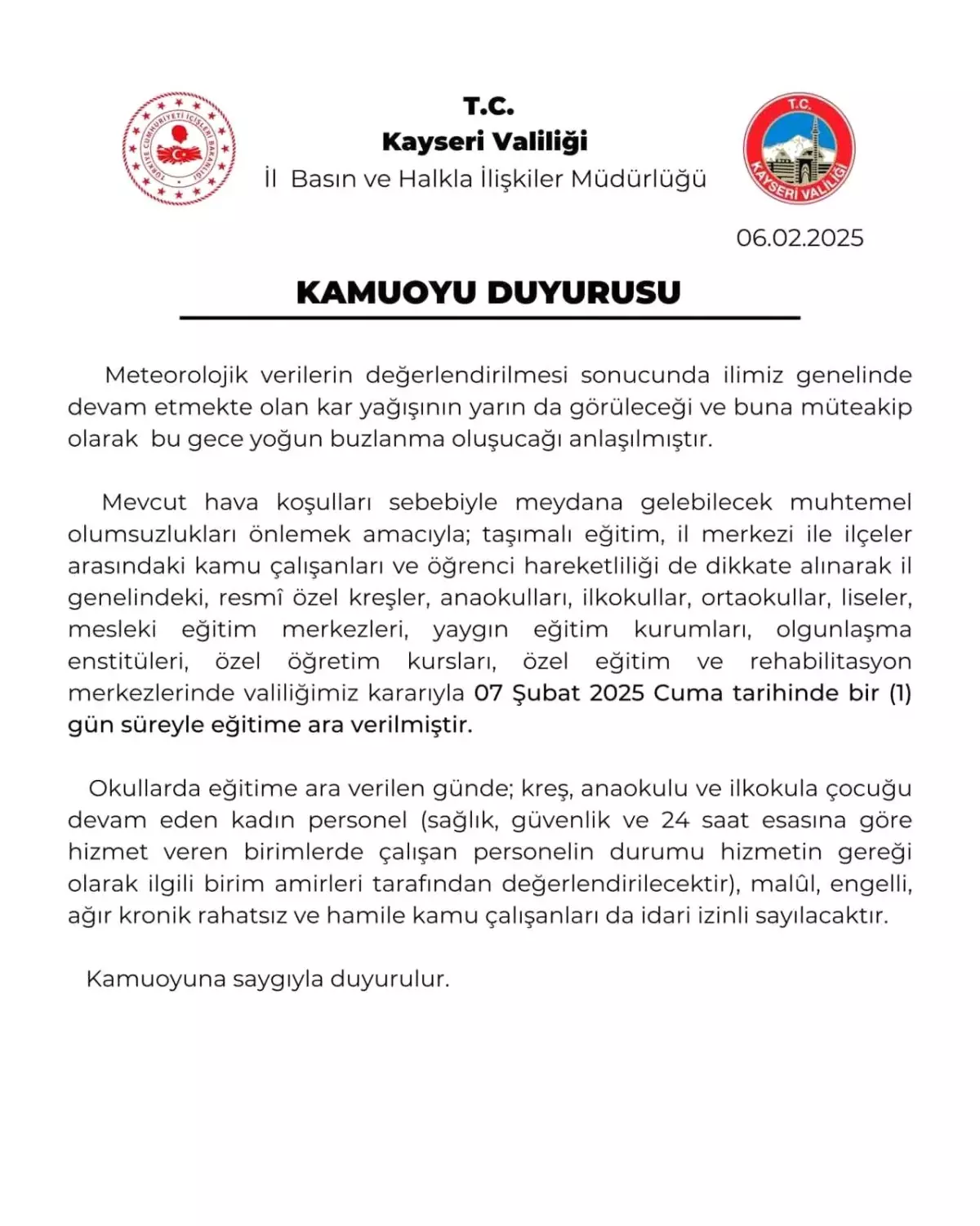 Kayseri\'de Eğitime 1 Gün Ara