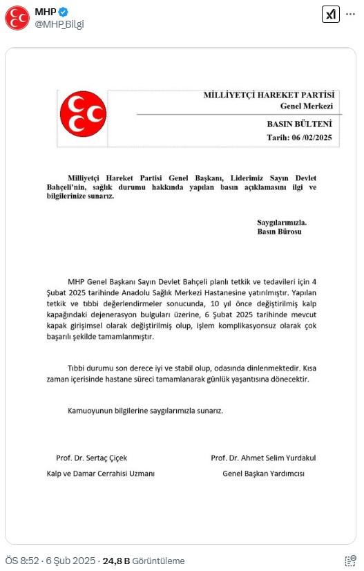 MHP lideri Devlet Bahçeli'nin kalp kapağı değiştirildi