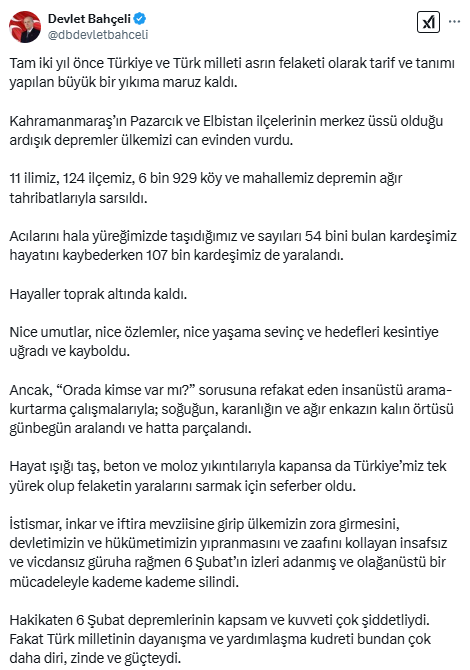 Bahçeli'den 6 Şubat mesajı: Vicdansız güruha rağmen depremin izleri siliniyor