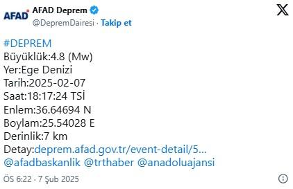 Ege Denizi'nde 4.8 büyüklüğünde deprem