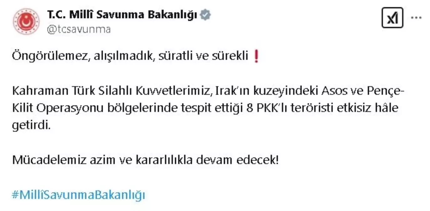 MSB: Irak\'ın Kuzeyinde 8 PKK\'lı Terörist Etkisiz Hale Getirildi