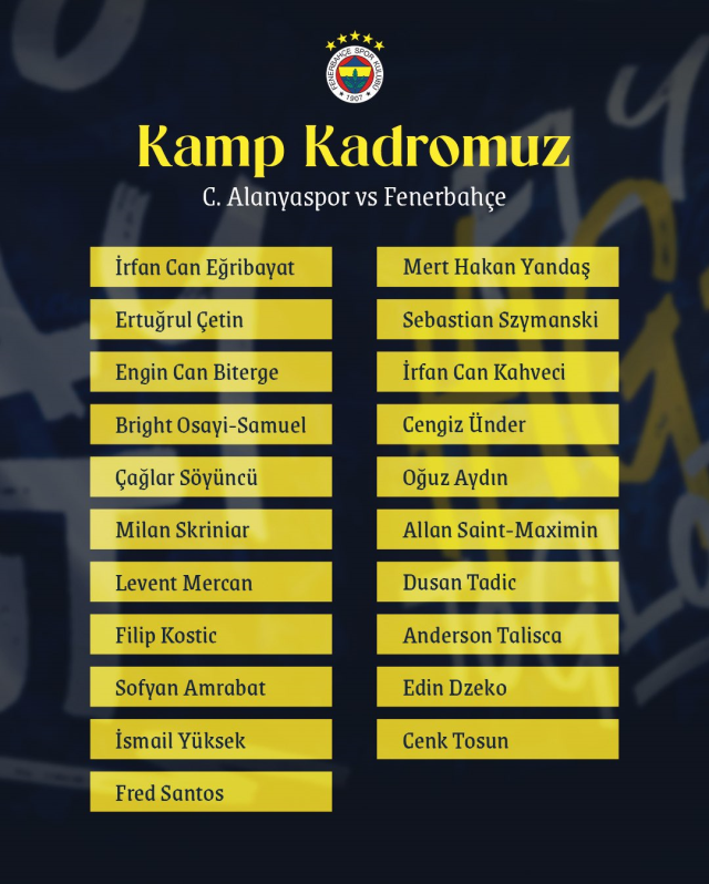 Fenerbahçe'nin Alanyaspor maçı kamp kadrosu belli oldu