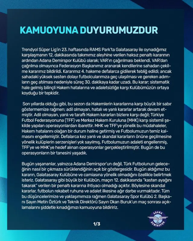 Adana Demirspor'dan Galatasaray maçı için gece yarısı açıklama