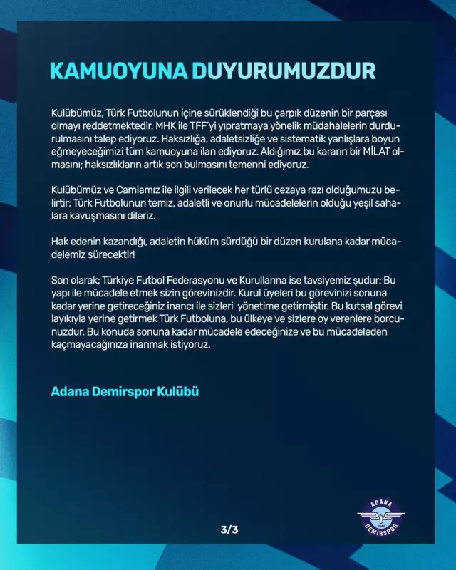 Adana Demirspor'dan Galatasaray maçı için gece yarısı açıklama