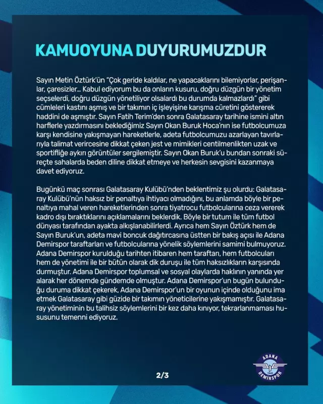 Adana Demirspor'dan Galatasaray maçı için gece yarısı açıklama