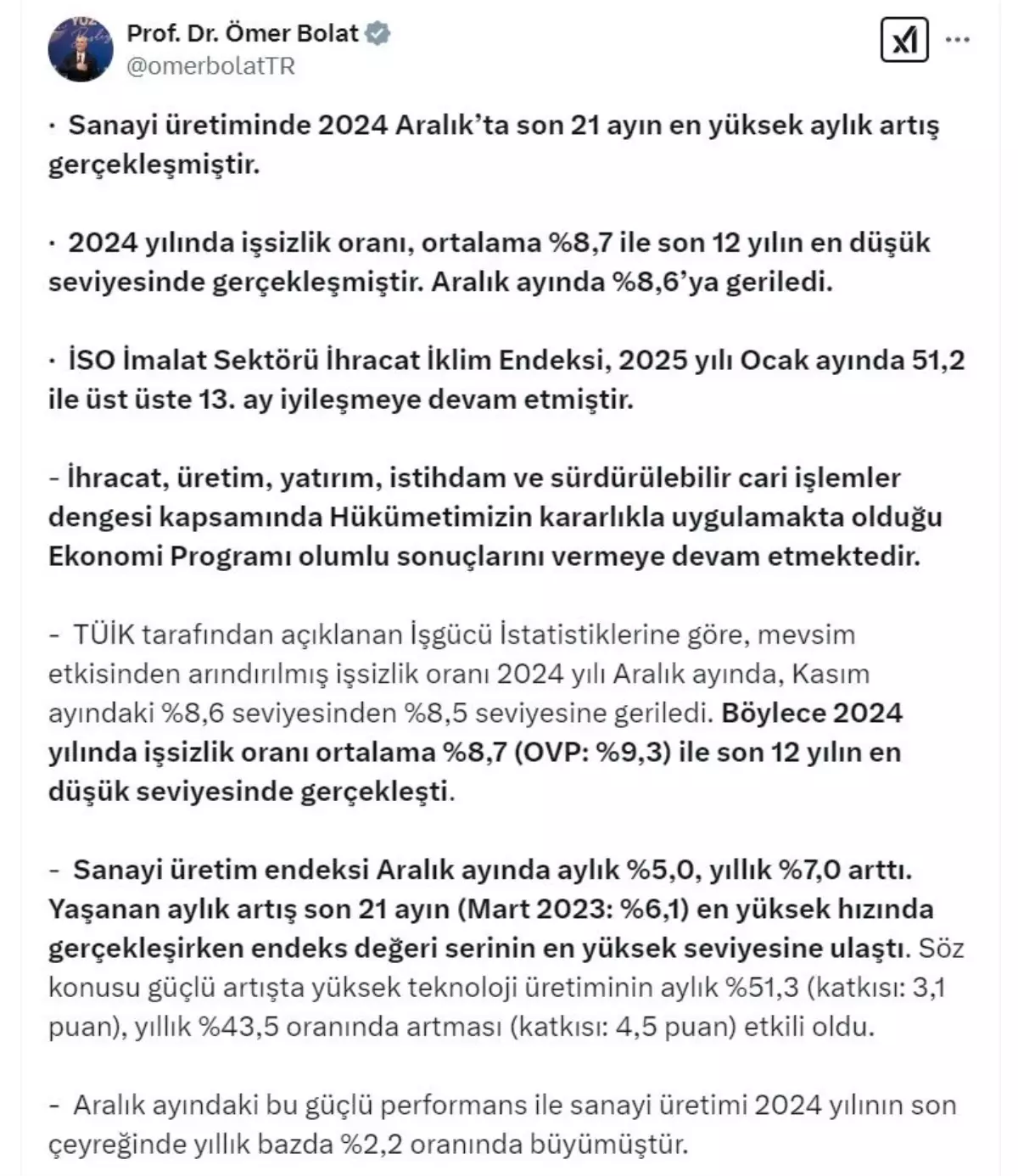 Bakan Bolat: Sanayi üretiminde son 21 ayın en yüksek aylık artışı gerçekleşti