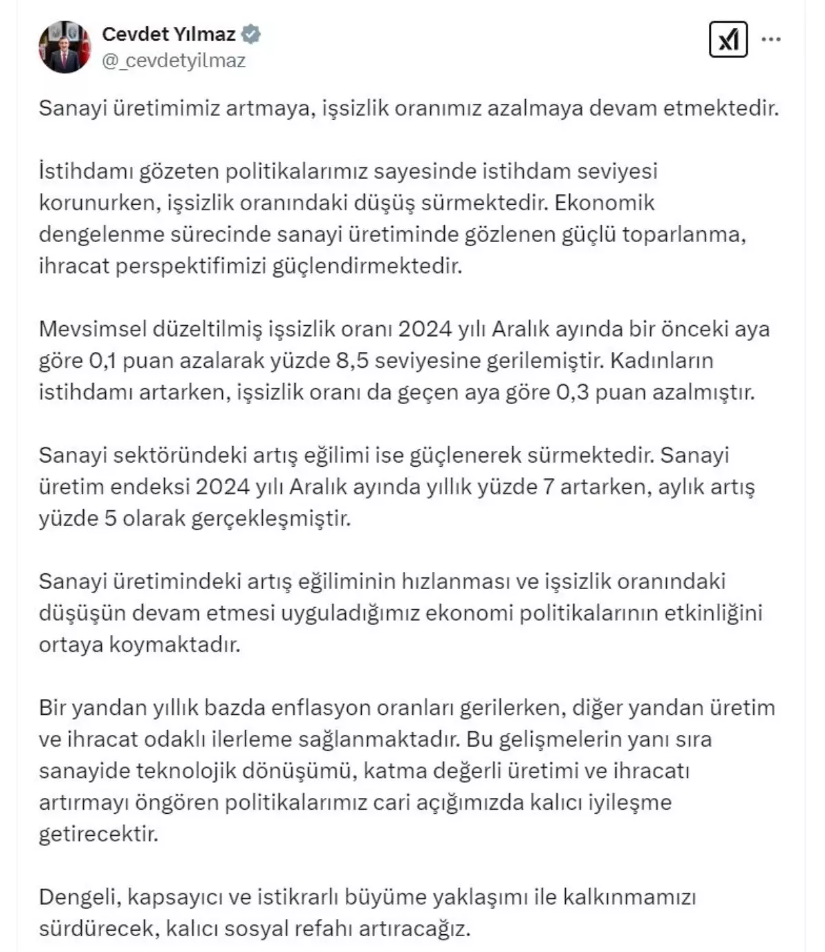 Cumhurbaşkanı Yardımcısı Yılmaz: Sanayi Üretiminde Artış ve İşsizlikte Düşüş Devam Ediyor