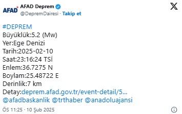 Ege Denizi'nde 5.2 büyüklüğünde deprem meydana geldi