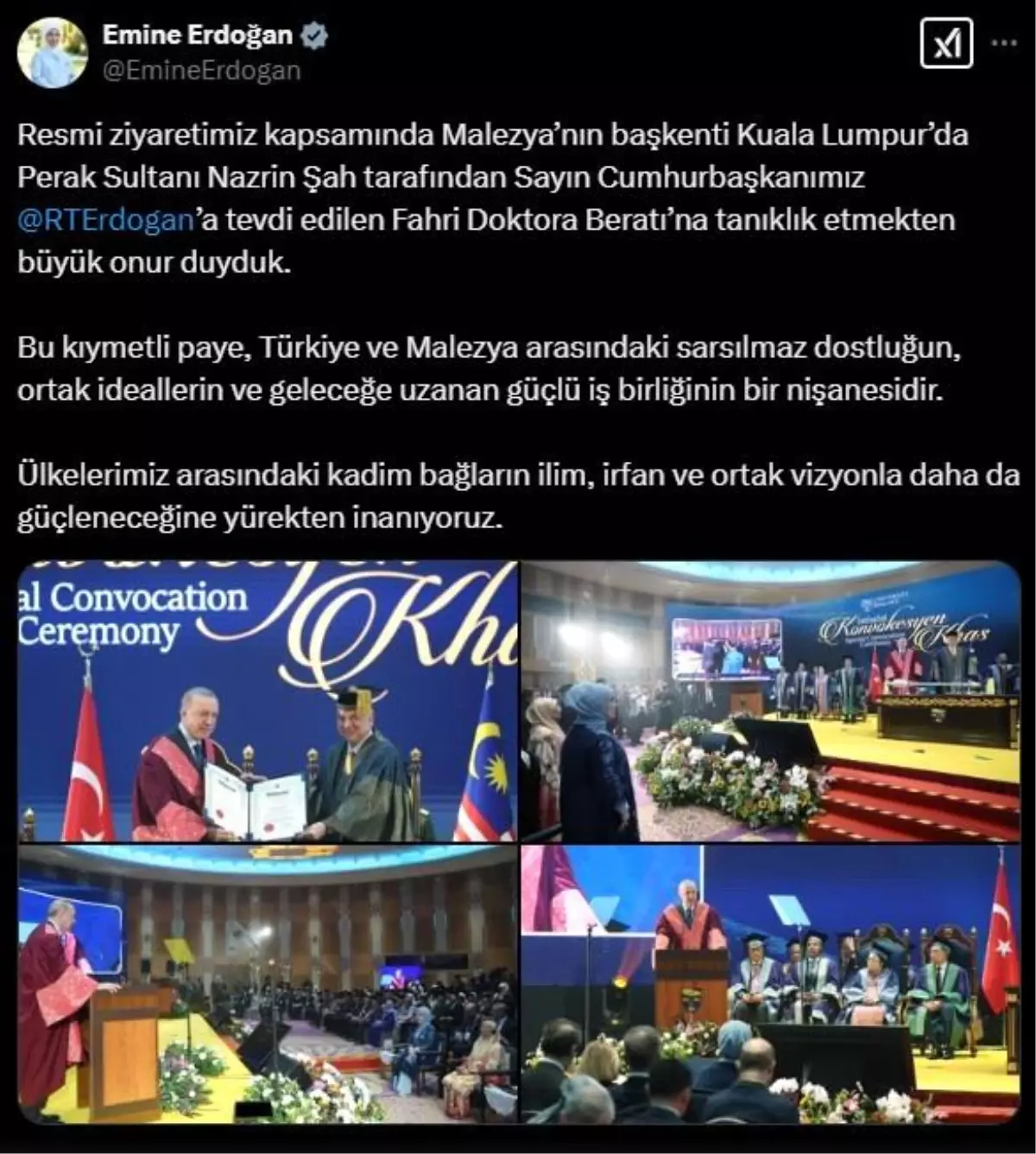 Emine Erdoğan\'dan, Cumhurbaşkanı Erdoğan\'a Malezya\'da fahri doktora beratı tevdi edilmesine ilişkin paylaşım Açıklaması