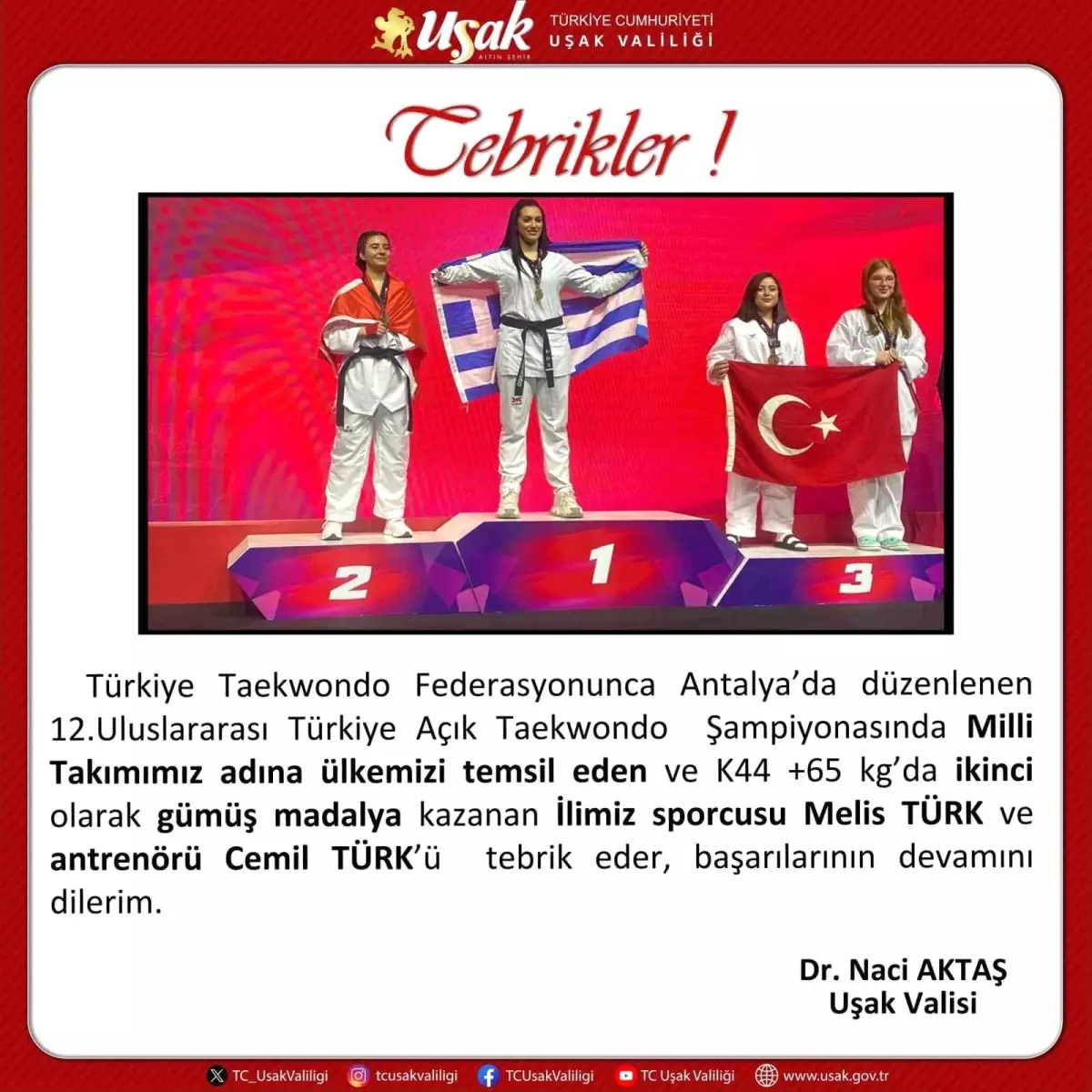 Uşaklı Taekwondocuya Tebrik