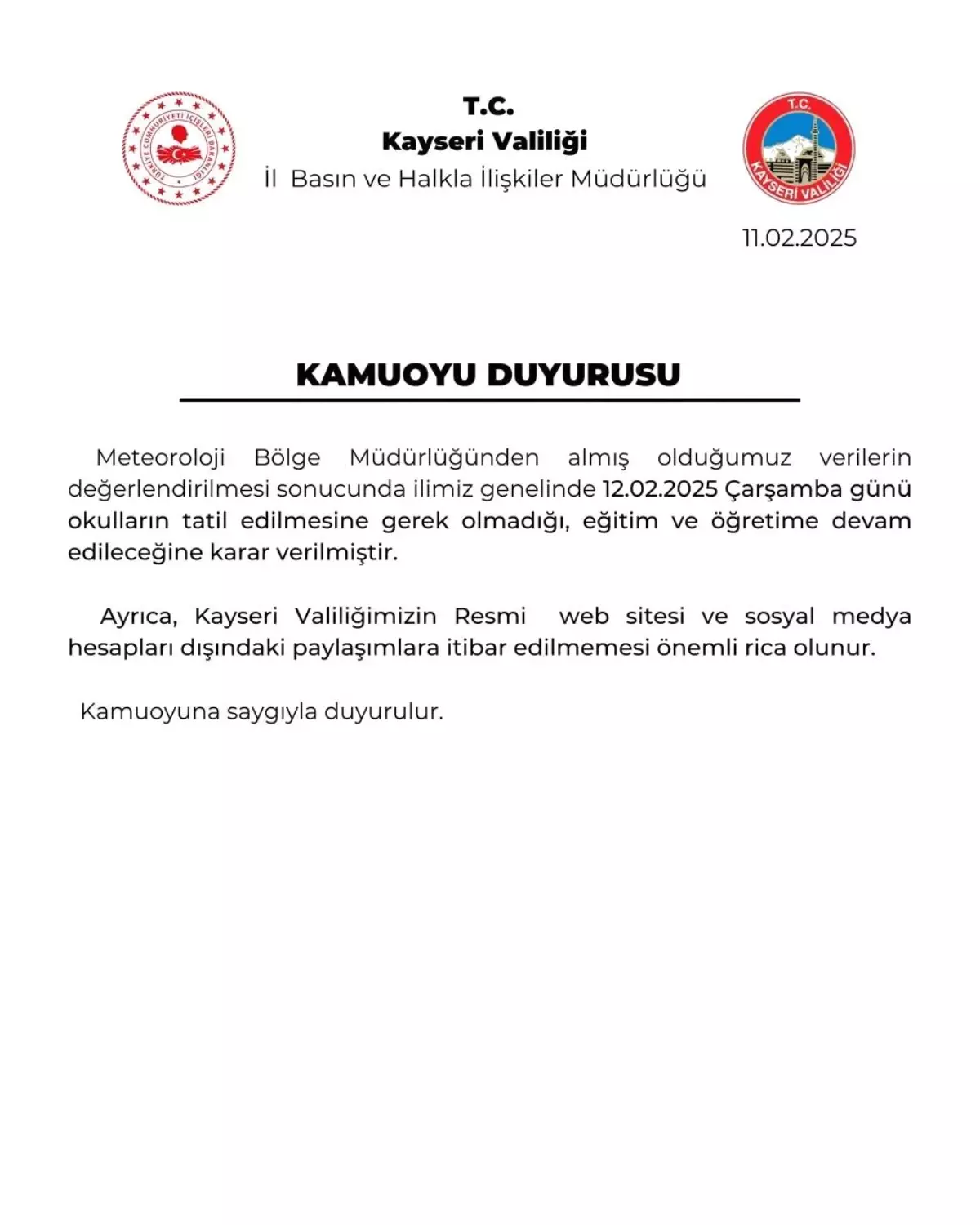 Kayseri\'de Eğitime Ara Verilmeyecek