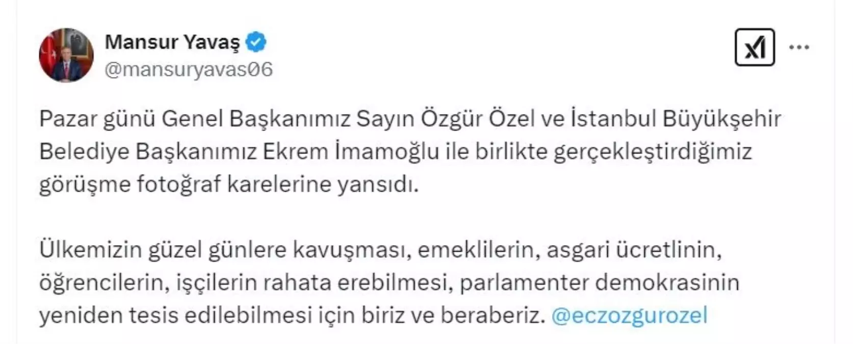 Mansur Yavaş\'tan Özgür Özel ve Ekrem İmamoğlu ile Birlik Mesajı