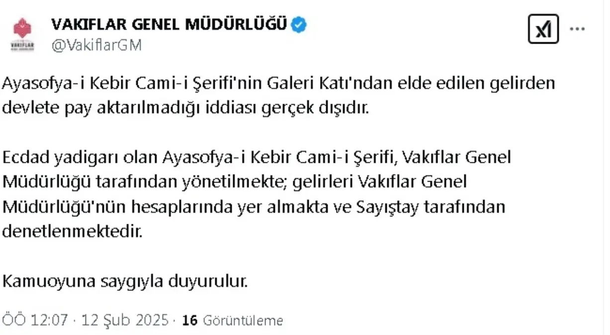 Vakıflar Genel Müdürlüğü\'nden Ayasofya Gelirleri Açıklaması