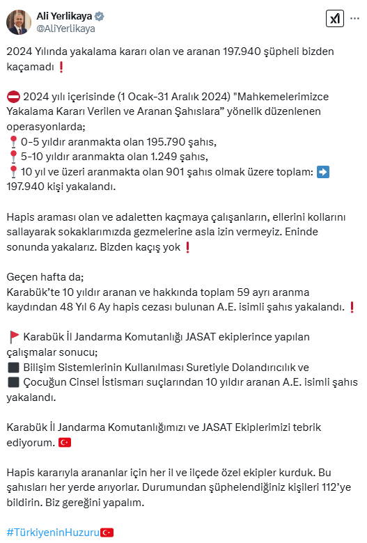 2024 yılında yakalama kararı olan ve aranan 19 bin 940 şüpheli yakalandı