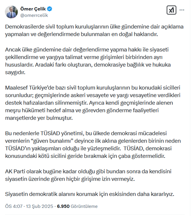 AK Parti Sözcüsü Çelik'ten TÜSİAD'a sert tepki: Kötü sicilini geride bırakmak için çaba göstermeli