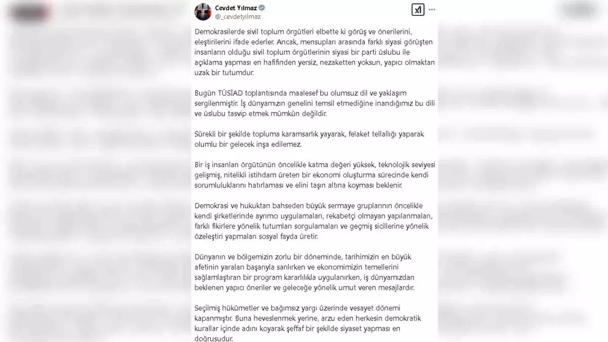 Cumhurbaşkanı Yardımcısı Yılmaz: TÜSİAD\'ın Olumsuz Dili Tasvip Edilemez