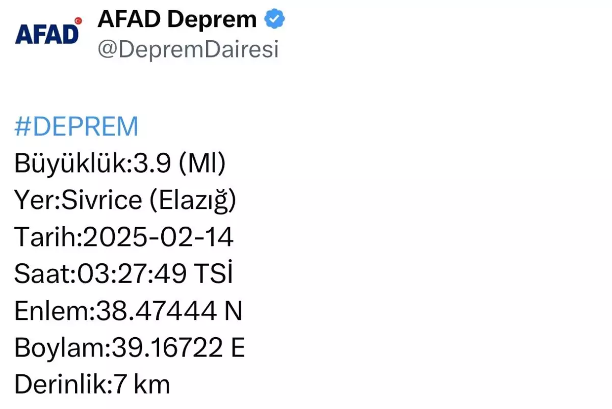 Elazığ\'da 3.9 Büyüklüğünde Deprem