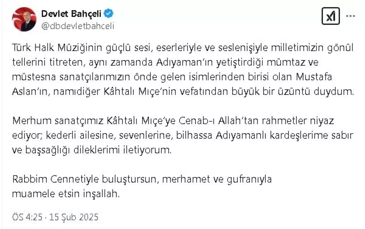 MHP Genel Başkanı Bahçeli\'den Kahtalı Mıçe’ye Başsağlığı Mesajı