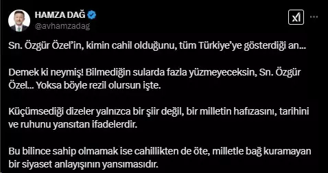 Hamza Dağ'dan şiiri yanlış okuyan Özgür Özel'e: Kimin cahil olduğunu tüm Türkiye'ye gösterdi