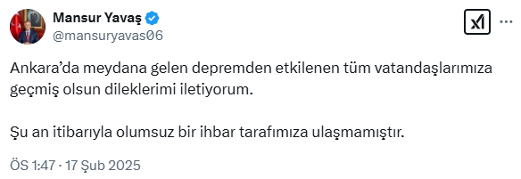 Ankara'da hissedilen bir deprem oldu