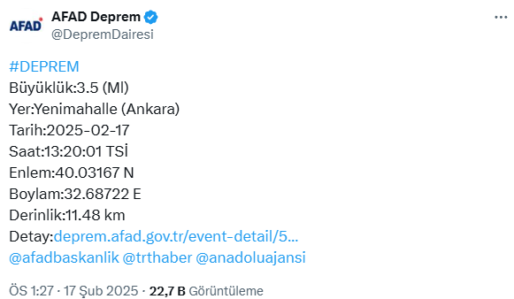 Ankara'da hissedilen bir deprem oldu