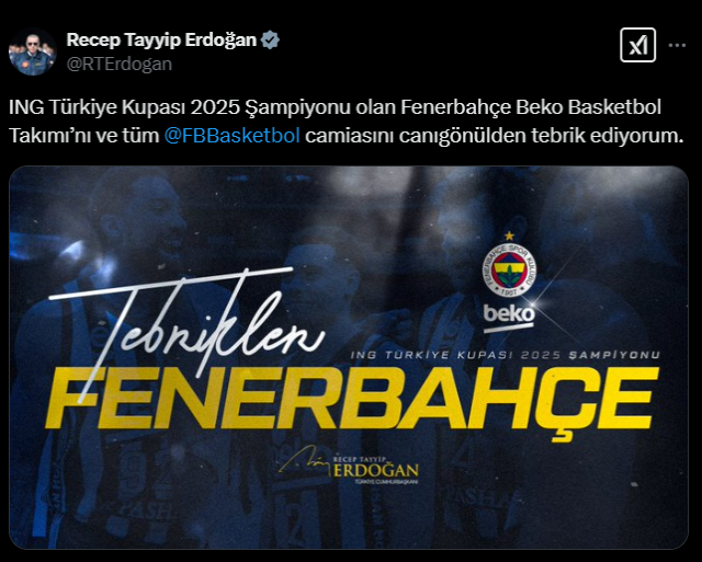 Cumhurbaşkanı Erdoğan'dan Fenerbahçe Beko'ya tebrik