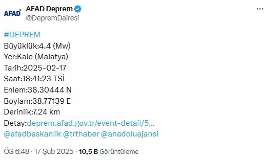 Malatya'da 4,4 büyüklüğünde deprem meydana geldi