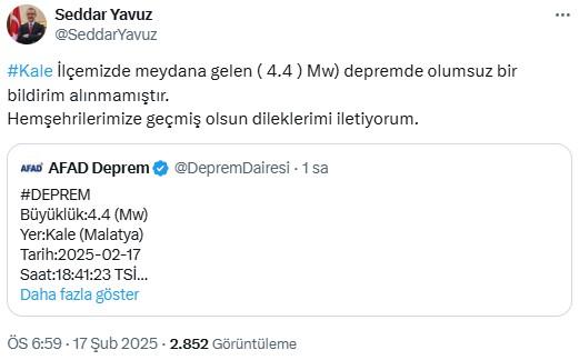 Malatya'da 4,4 büyüklüğünde deprem meydana geldi