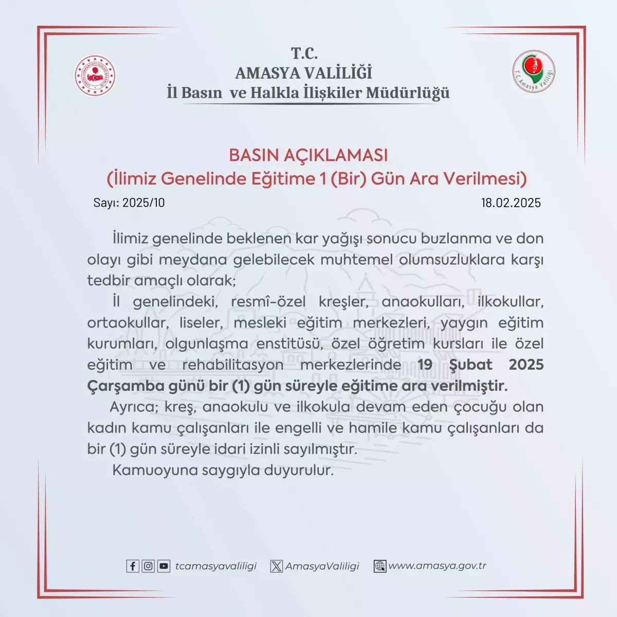 Amasya\'da Eğitime 1 Gün Ara Verildi