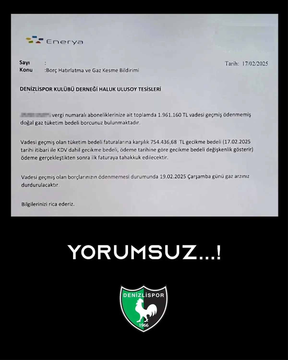 Denizlispor\'a Doğalgaz Kesintisi Uyarısı