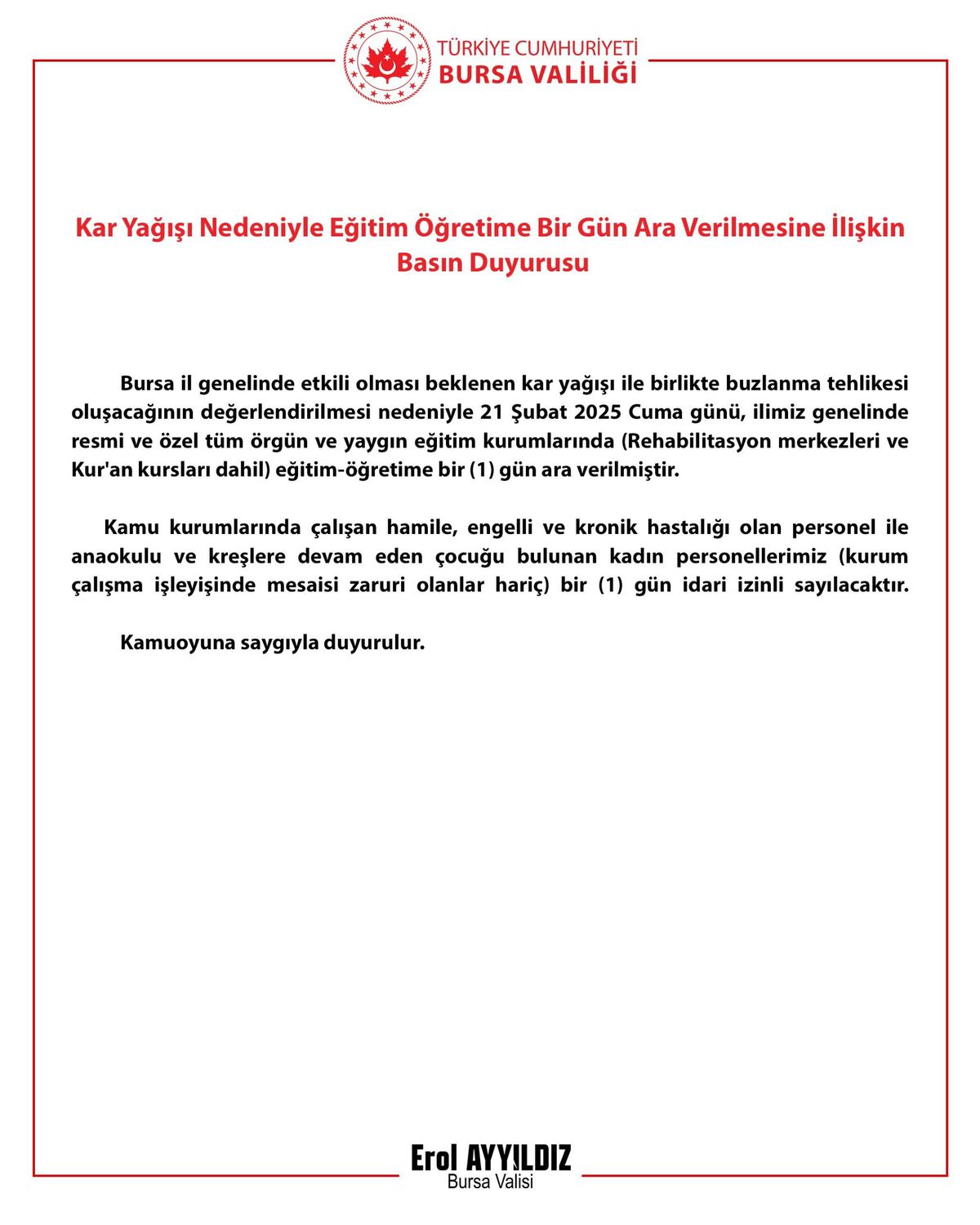 Bursa\'da Eğitime Kar Engeli: Bir Gün Ara Verildi
