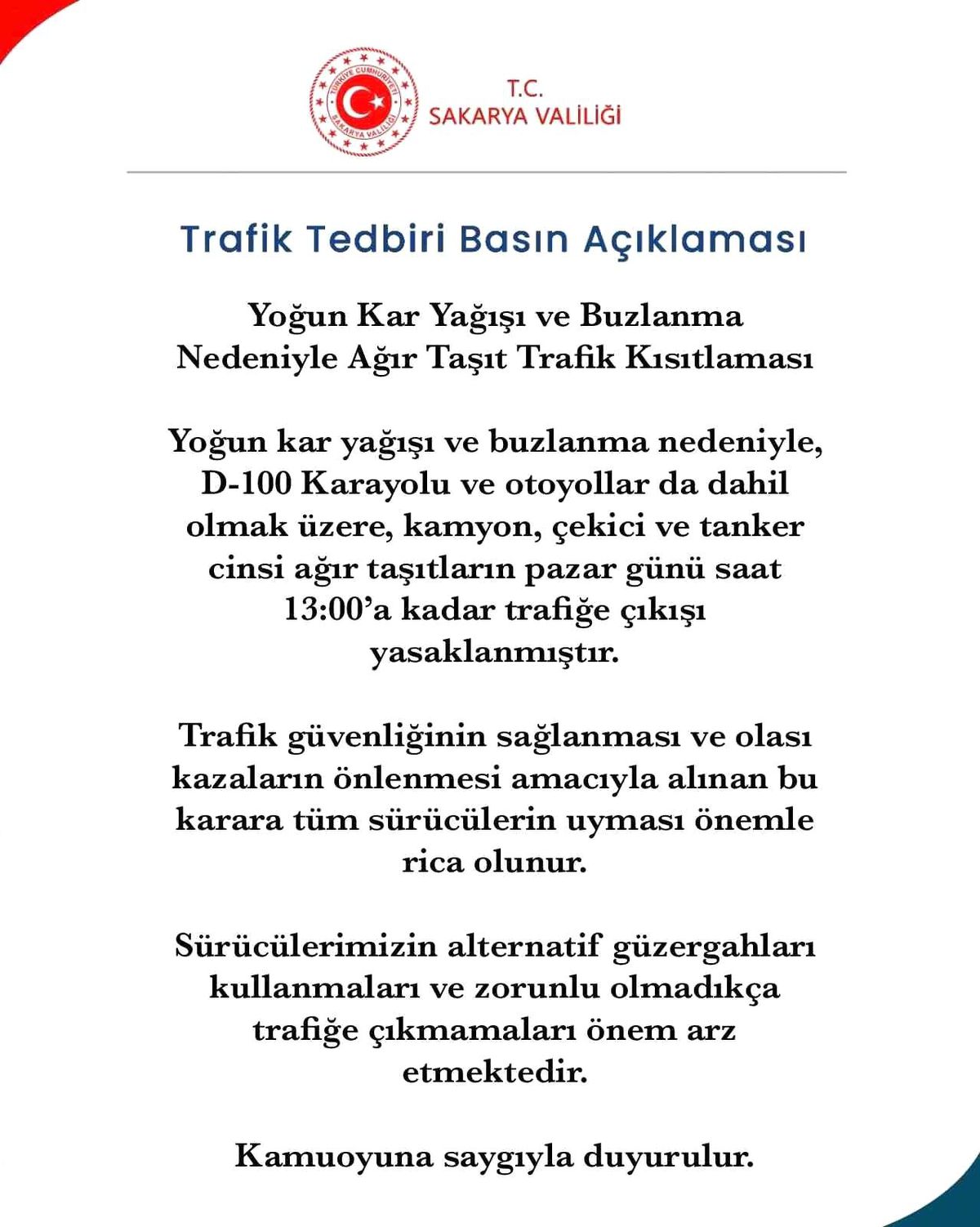 Sakarya\'da Ağır Taşıtlara Karayolu Yasaklandı