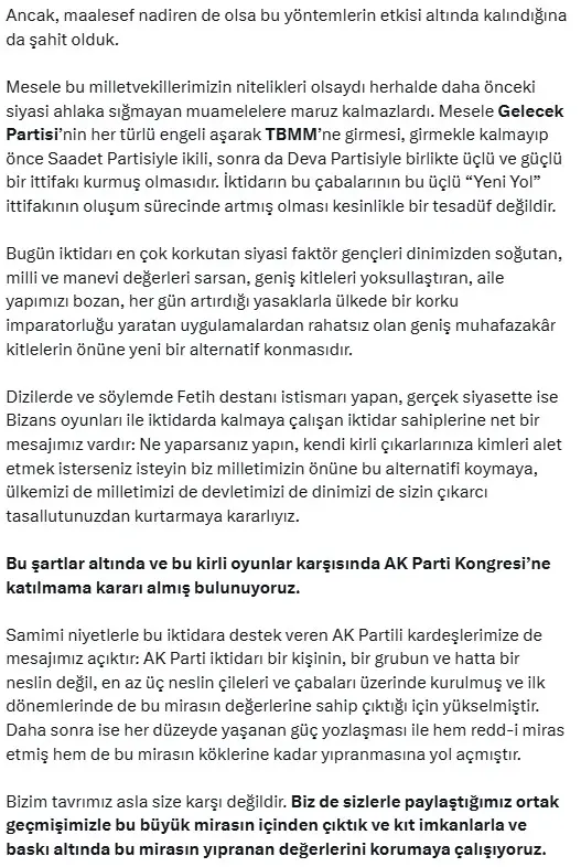 Gelecek Partisi, AK Parti kongresine katılmama kararı aldı