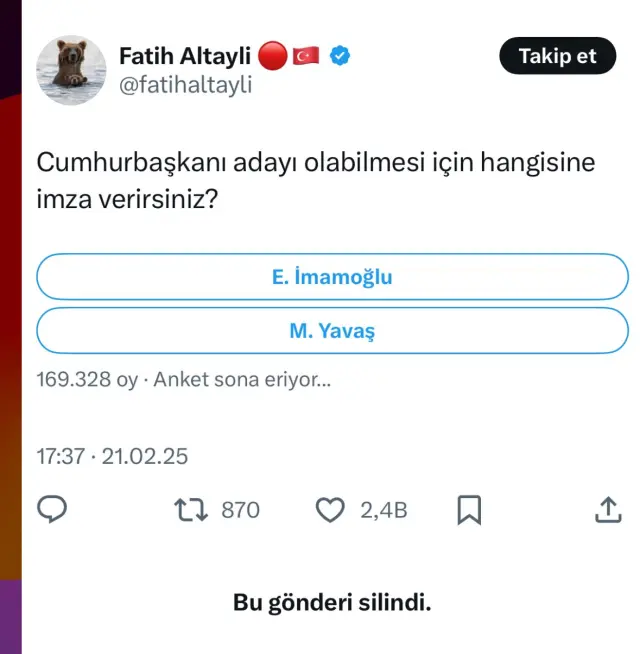 Fatih Altaylı'dan Yavaş-İmamoğlu anketi! Silince tepki çekti