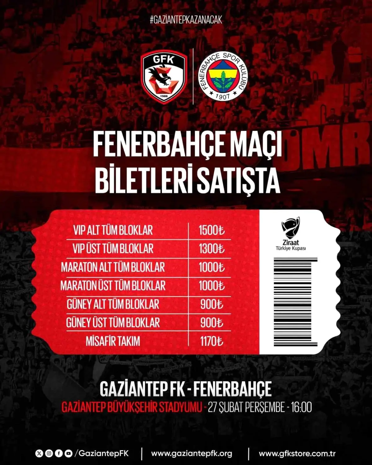 Gaziantep FK - Fenerbahçe Maç Biletleri Satışta