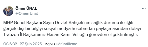 'Bahçeli vefat etti' diyen Gelecek Partili başkan partisi tarafından görevden alındı