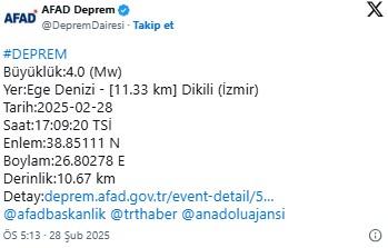 İzmir'de 4 büyüklüğünde deprem