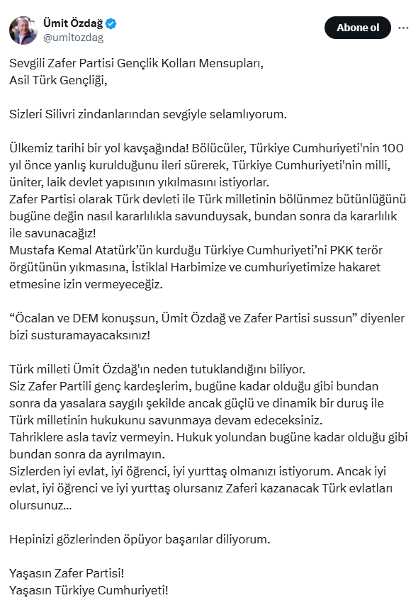 Ümit Özdağ: Türkiye Cumhuriyeti'nin milli, üniter, laik devlet yapısının yıkılmasını istiyorlar