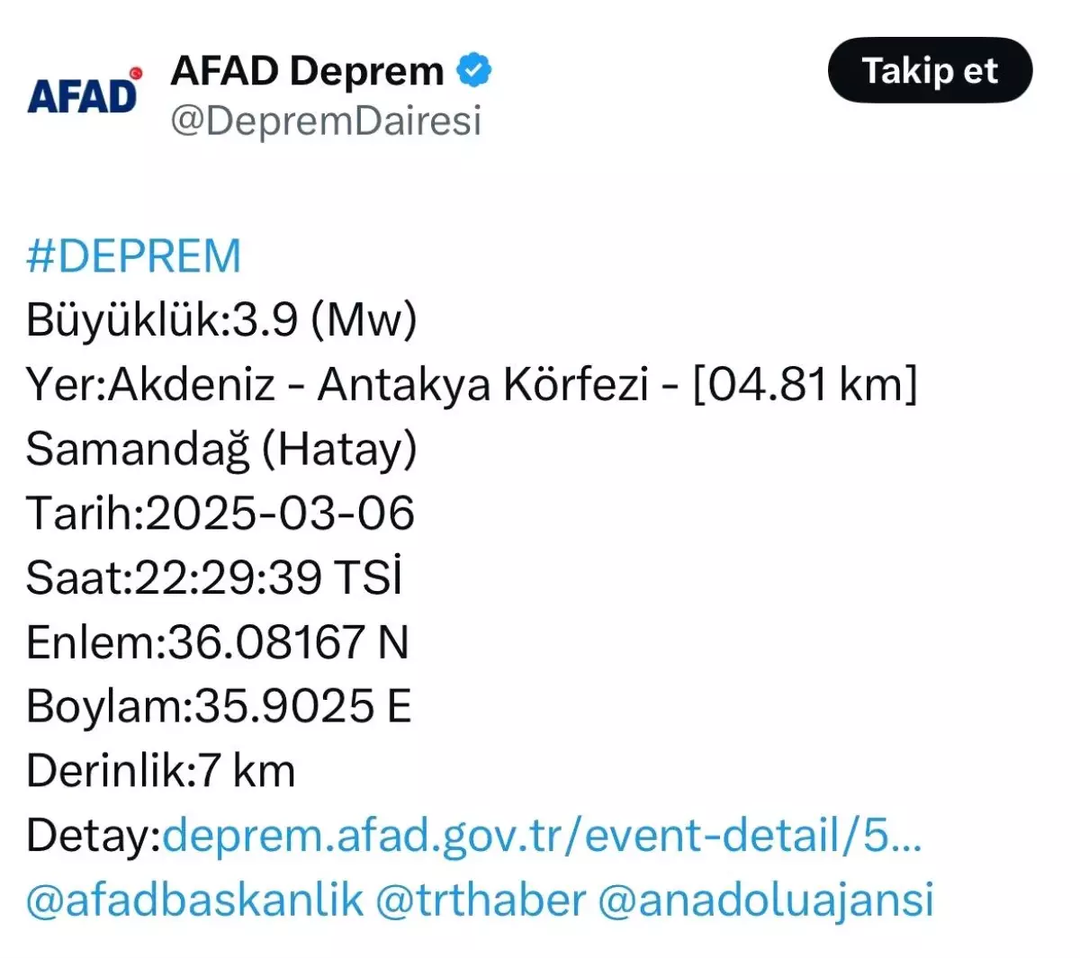 Hatay\'da 3.9 Büyüklüğünde Deprem