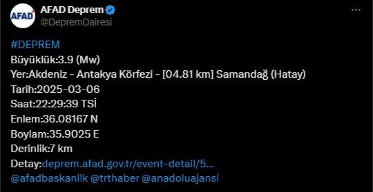 Hatay'da 3.9 büyüklüğünde deprem