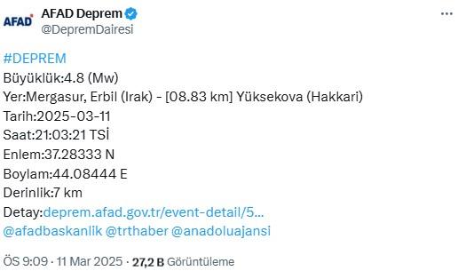 Kuzey Irak'ın Erbil şehrinde 4.8 büyüklüğünde deprem