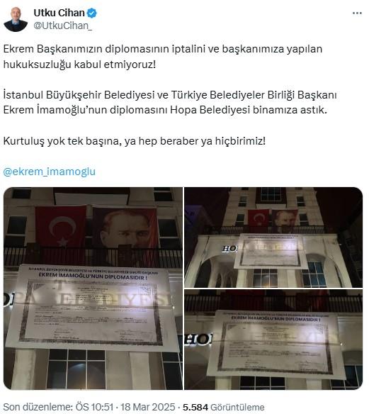 Hopa Belediyesi, İmamoğlu'nun iptal edilen diplomasını belediye binasına astı