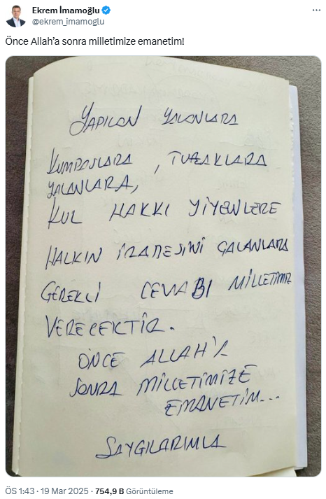 İmamoğlu'nun gözaltına alınırken deftere karaladığı not: Önce Allah'a sonra milletimize emanetim