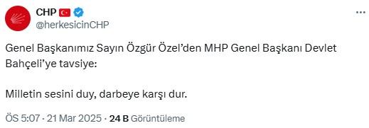 Özgür Özel'den Bahçeli'ye: Milletin sesini duy, darbeye karşı dur.