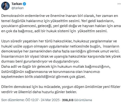 Tarkan'dan 'İmamoğlu' açıklaması