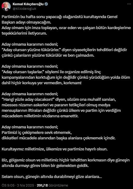 Kılıçdaroğlu, kurultayda neden aday olmayacağını açıkladı Kılıçdaroğlu, kurultayda neden aday olmayacağını açıkladı
