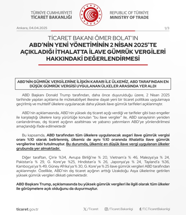 Türkiye'den ABD'nin ticaret savaşı başlatan kararına ilk tepki