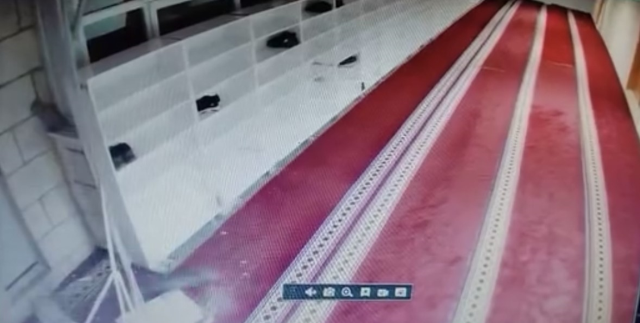 Kedinin caminin asma tavanını yıkarak aşağı düştüğü anlar kamerada